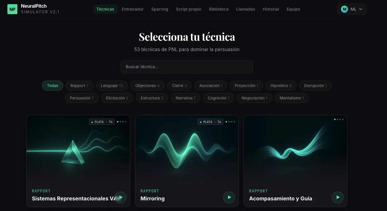 NeuralPitch techniques screen, Stradiax's AI sales trainer